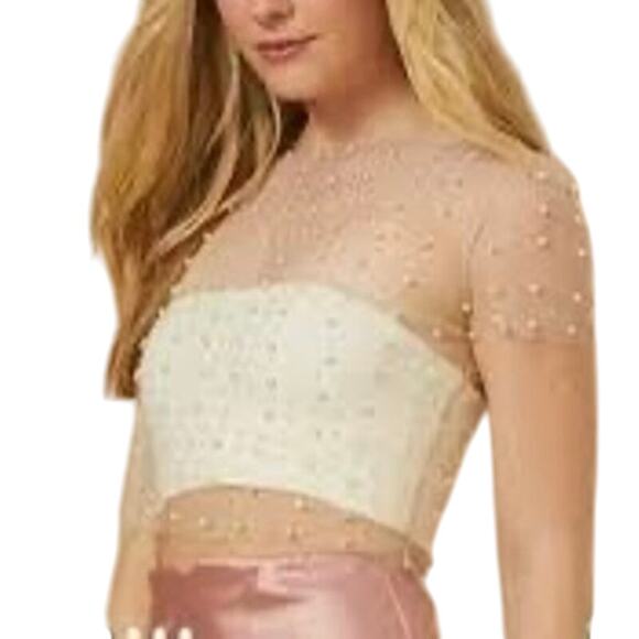 New ALTAR’D STATE Ivory Sheer Pearl Rhinestone Beaded Cropped Top Women's Sz Sm - Picture 1 of 12